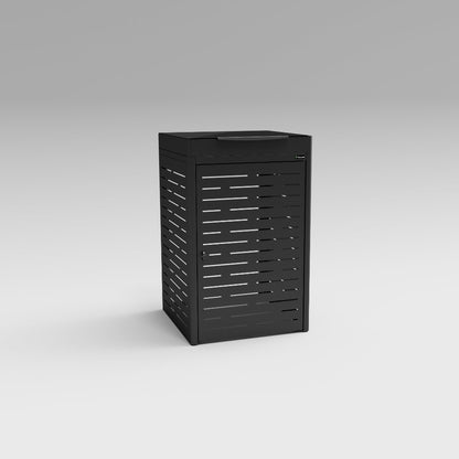 Black rectangular outdoor trash can with slatted design on a gray background