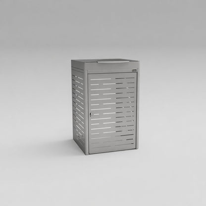Metallic trash can with slatted design on a gray background