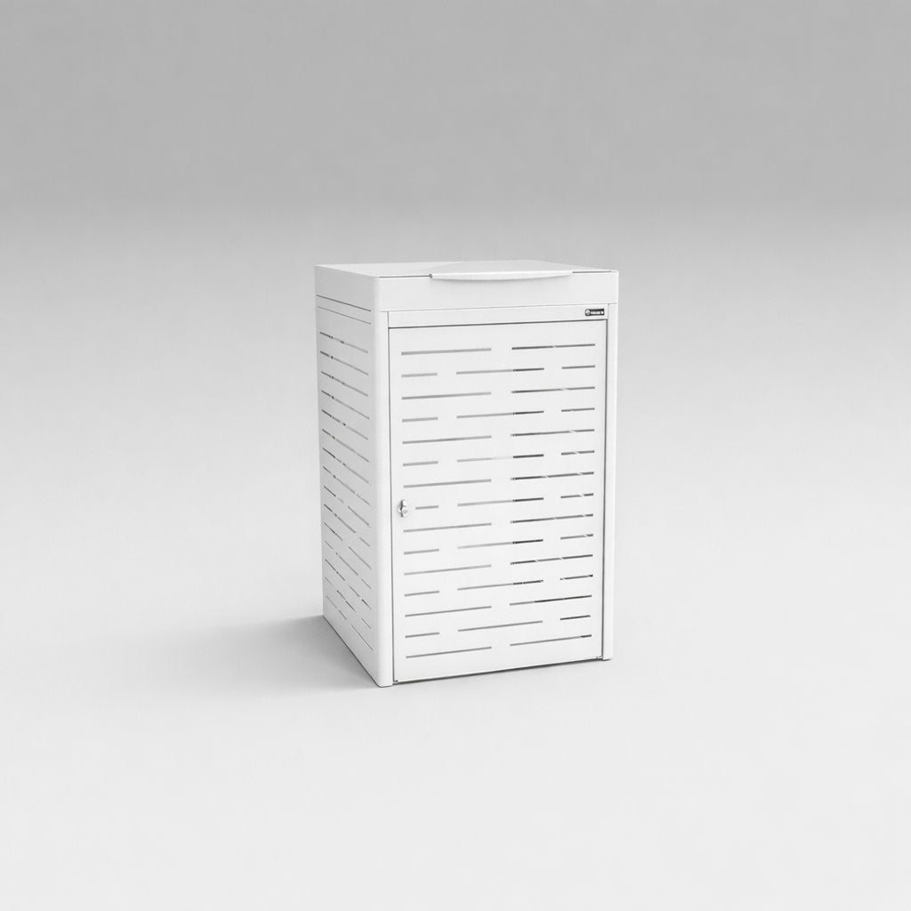 White storage cabinet with horizontal slats on a light gray background