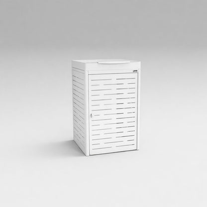 White storage cabinet with horizontal slats on a light gray background