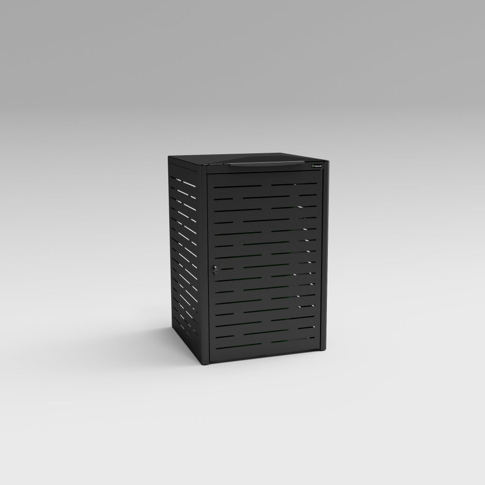 Black metal storage box with slatted design on a gray background