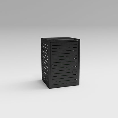 Black metal storage box with slatted design on a gray background