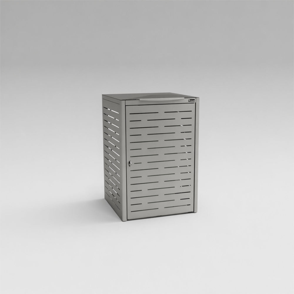 Metallic trash can with perforated design on a gray background