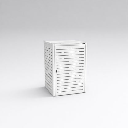White storage cabinet with slatted design on a light gray background