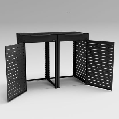 Black metal outdoor furniture with open doors on a gray background