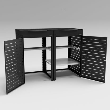 Black metal storage cabinet with open doors on a white background