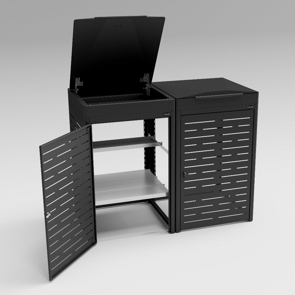 Black metal cabinet with open doors on a gray background