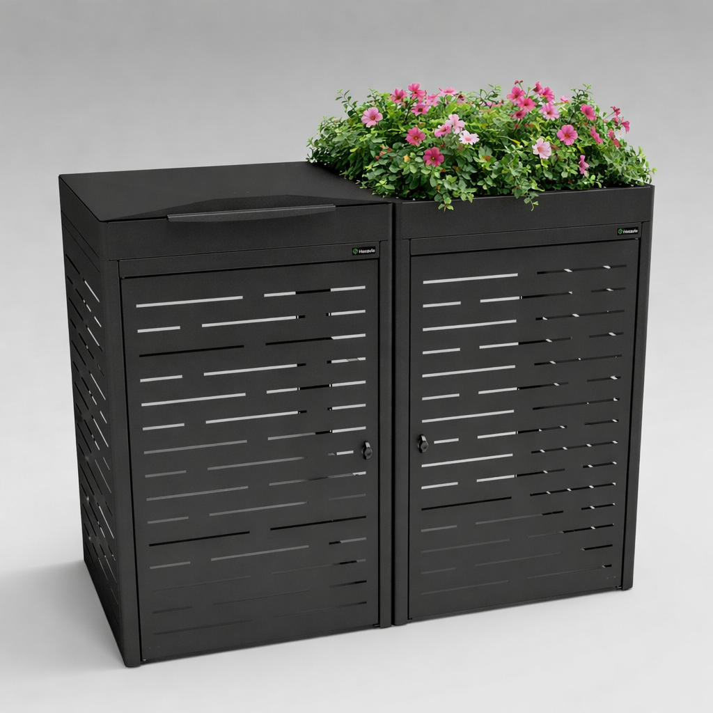 Black outdoor storage unit with a plant on a gray background