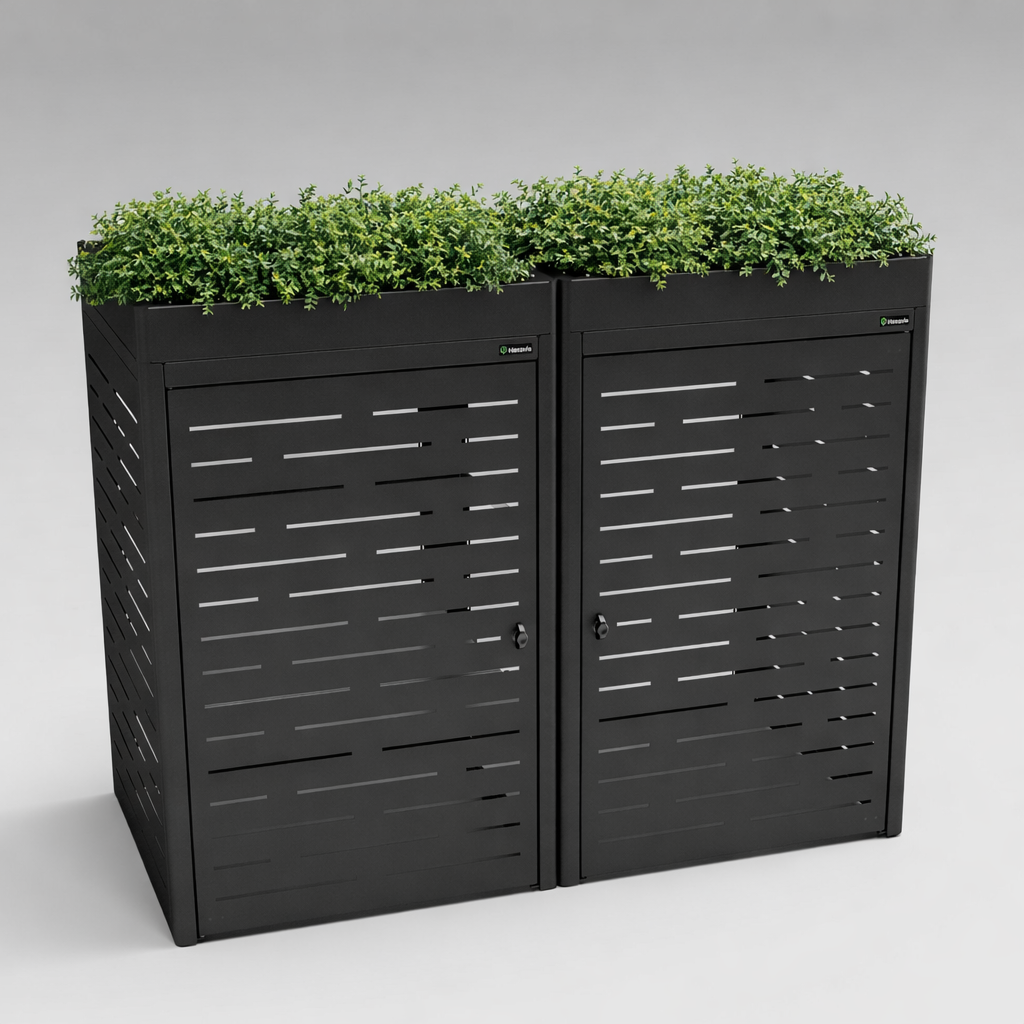 Black outdoor storage unit with green plants on top against a gray background