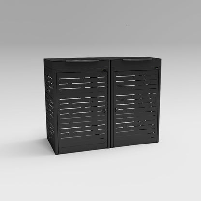 Black outdoor storage cabinet with slatted doors on a gray background
