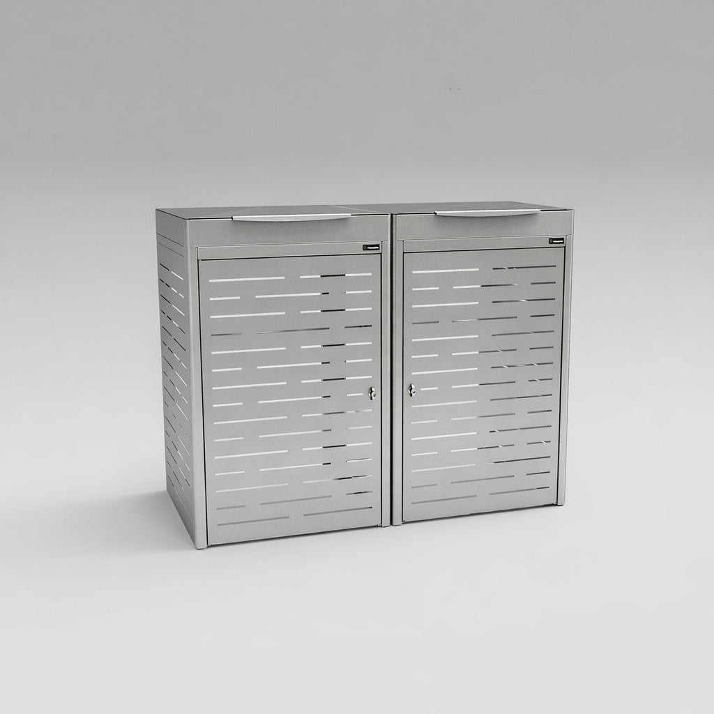 Gray metal storage cabinet with two doors on a white background