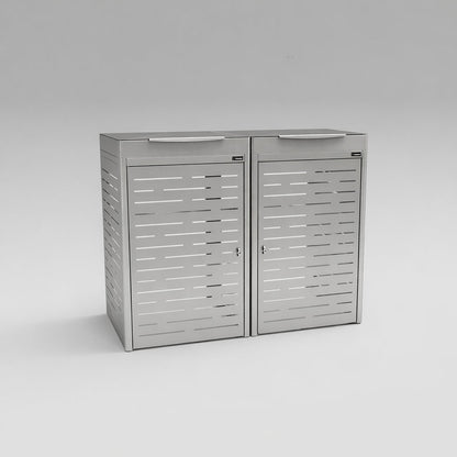 Gray metal storage cabinet with two doors on a white background