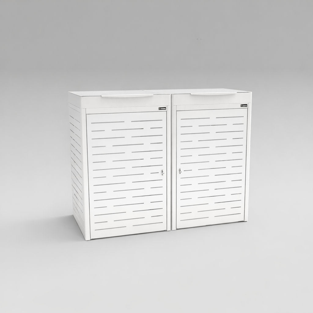 White storage cabinet with slatted doors on a gray background