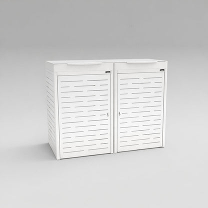 White storage cabinet with slatted doors on a gray background