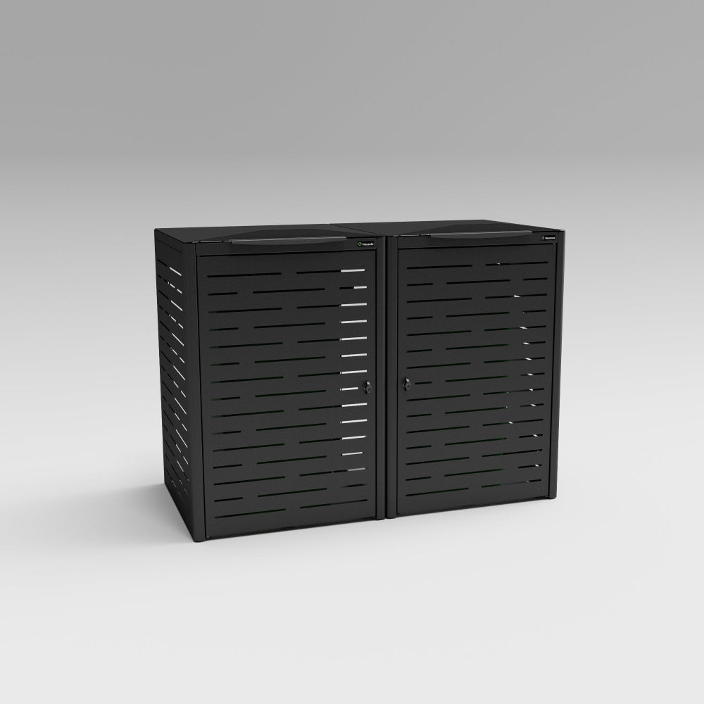 Black metal storage cabinet with slatted doors on a gray background