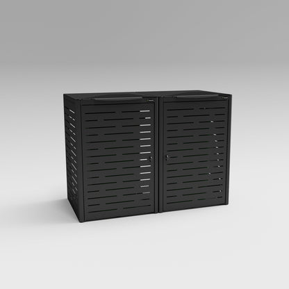 Black metal storage cabinet with slatted doors on a gray background