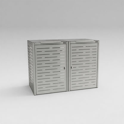 Metallic storage unit with slatted doors on a gray background