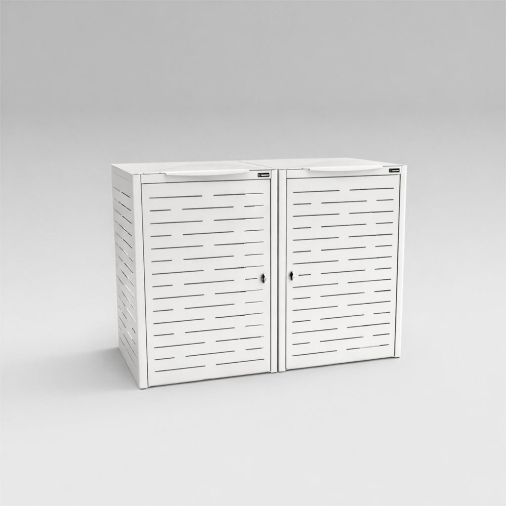 White storage cabinet with slatted doors on a light gray background