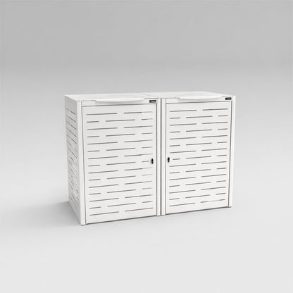 White storage cabinet with slatted doors on a light gray background