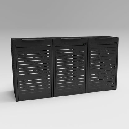 Black outdoor storage cabinet with slatted doors on a gray background