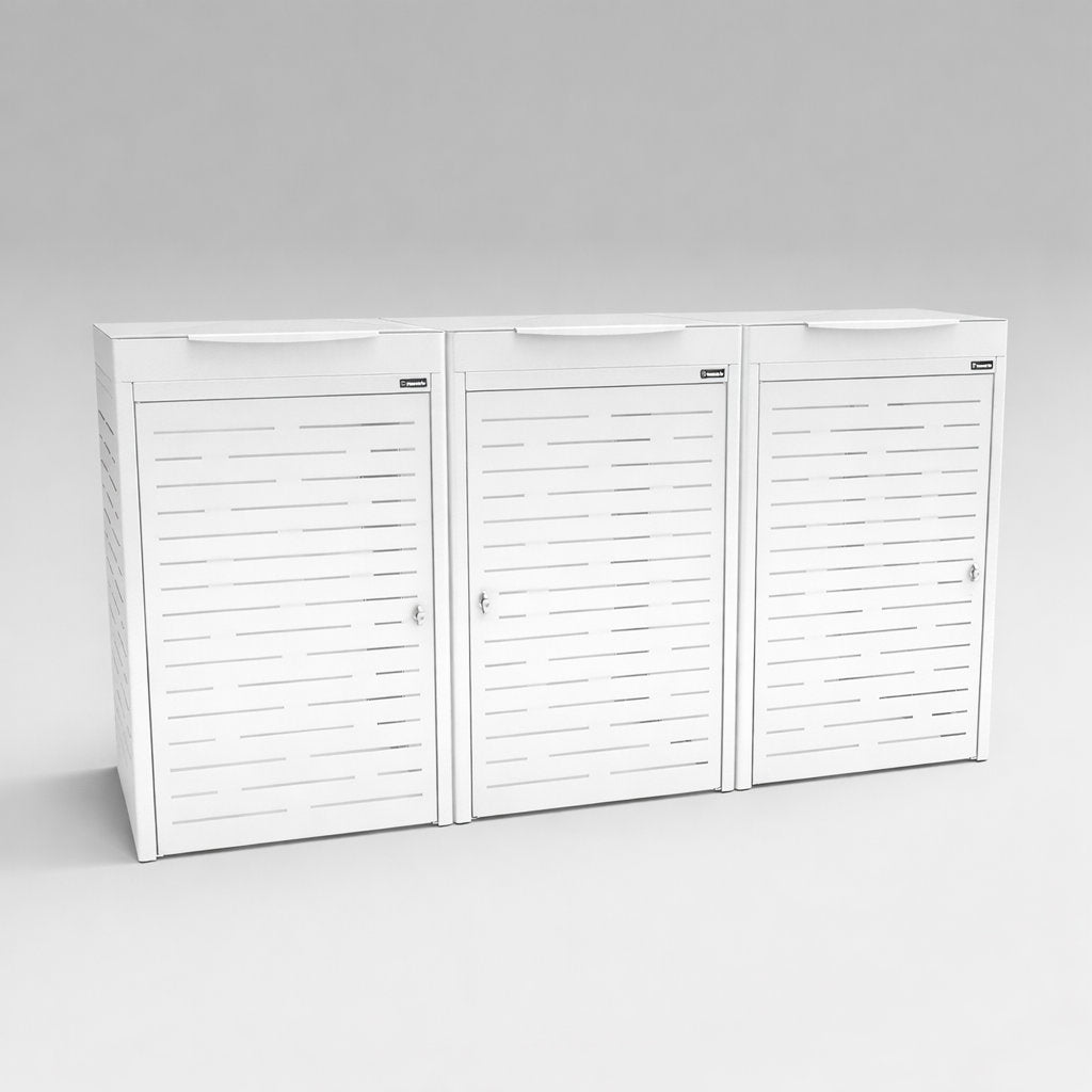 White outdoor storage cabinet with slatted doors on a gray background