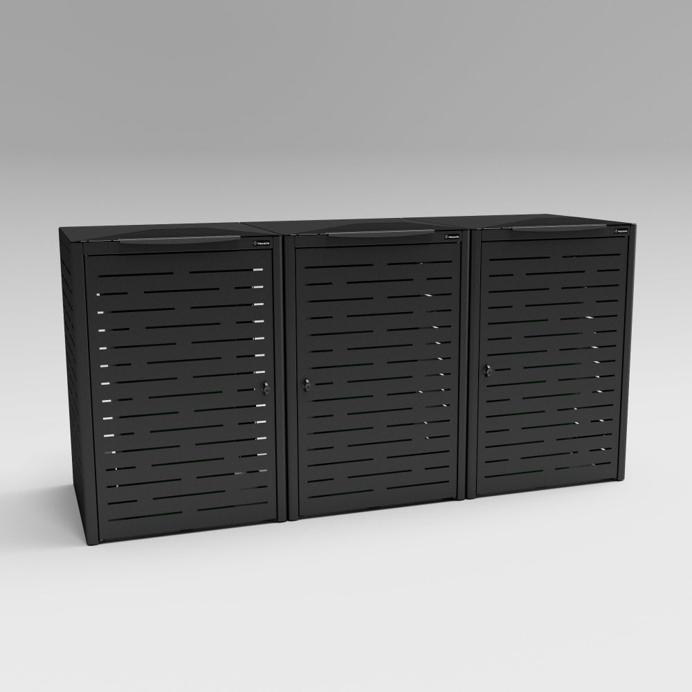 Black metal storage unit with three compartments on a gray background