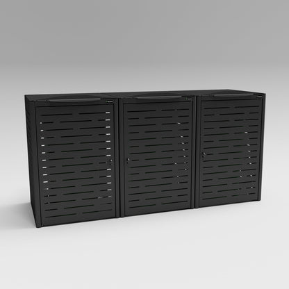 Black metal storage unit with three compartments on a gray background