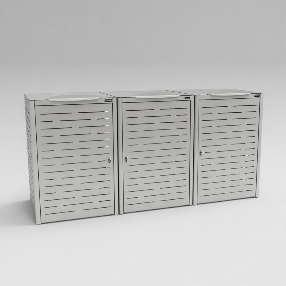 Three metallic storage units with slatted design on a gray background