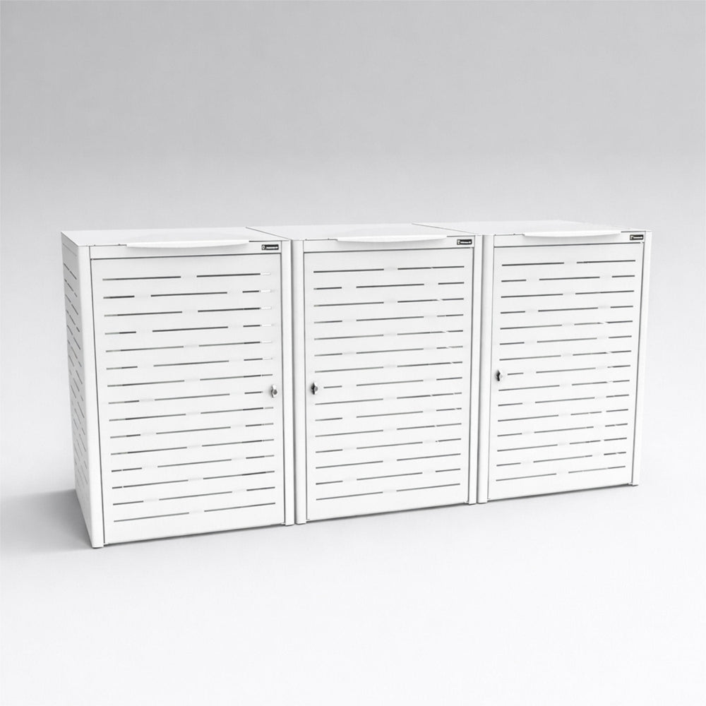 White outdoor storage unit with slatted doors on a gray background