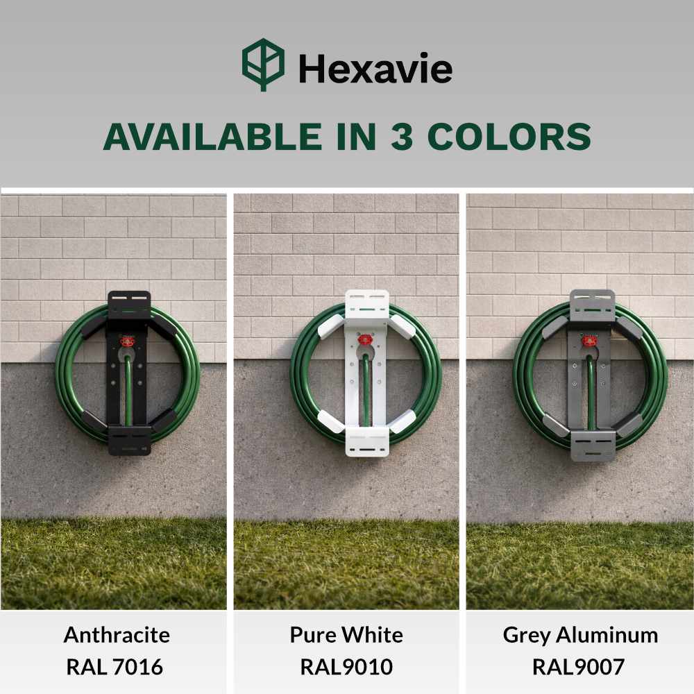 Hexavie hose reel in three color options against a wall and grass background