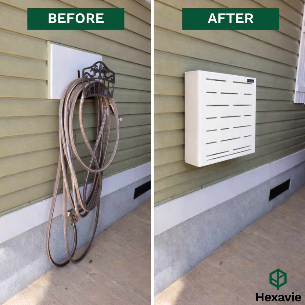 Before and after comparison of a wall-mounted hose holder with Hexavie branding.