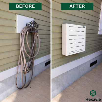 Before and after comparison of a wall-mounted hose holder with Hexavie branding.