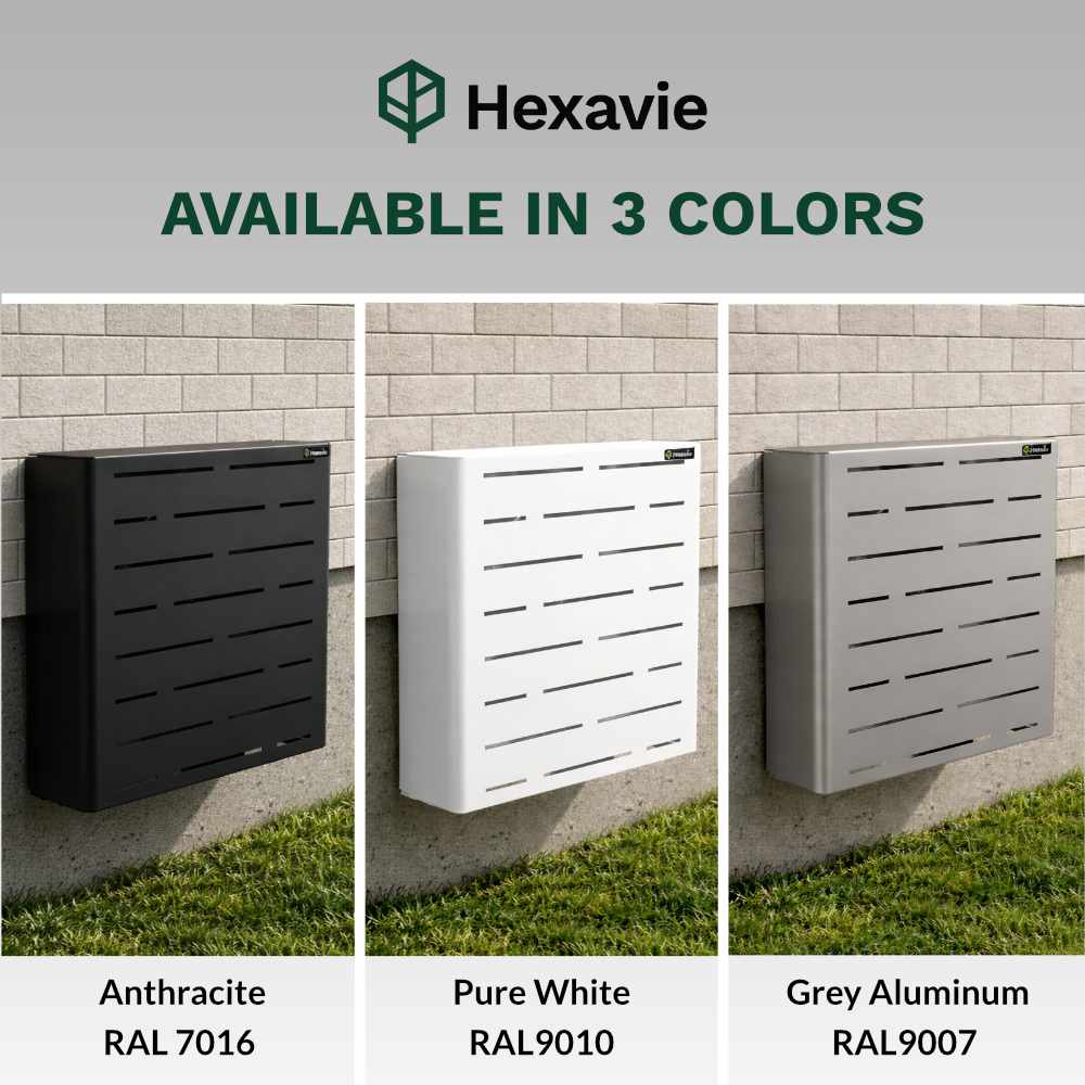Hexavie wall-mounted garden hose enclosure units in anthracite, white, and gray aluminum on a wall.