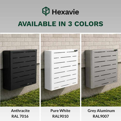 Hexavie wall-mounted garden hose enclosure units in anthracite, white, and gray aluminum on a wall.