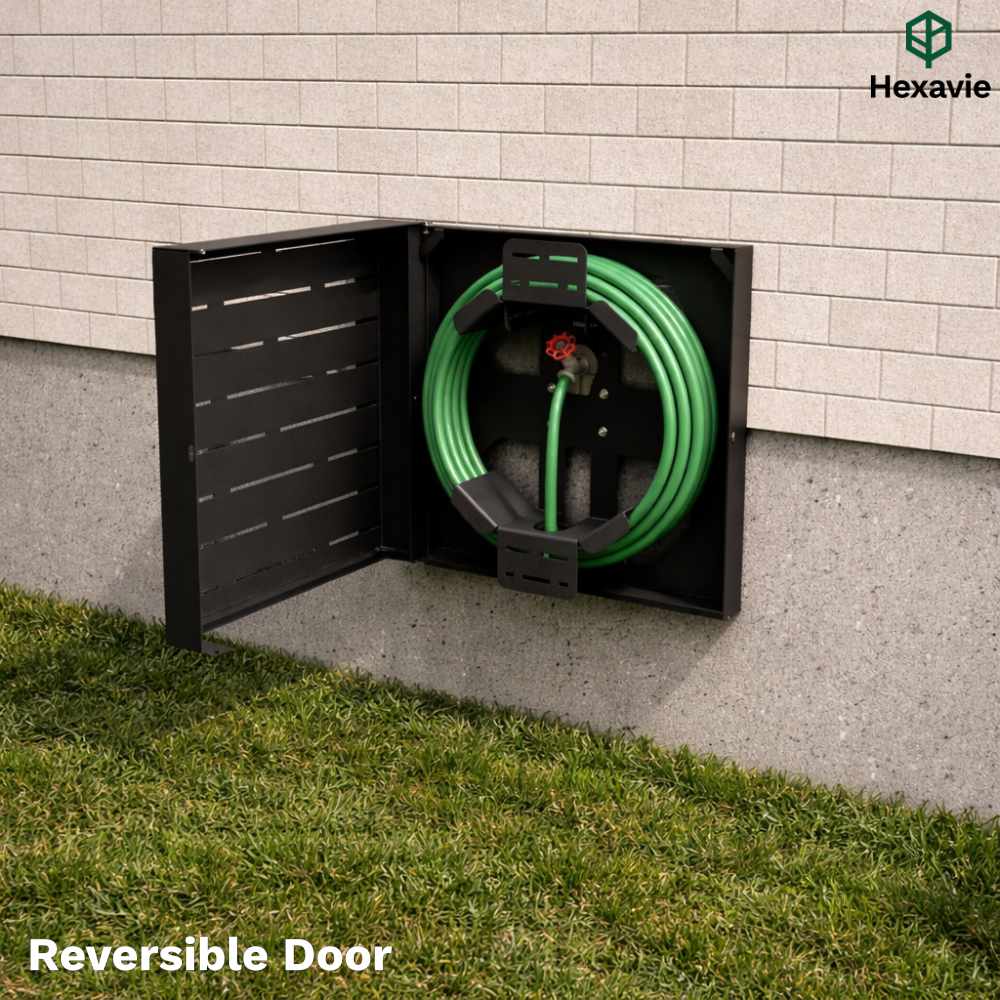 Green garden hose coiled inside a black storage unit attached to a wall, with 'Hexavie' branding.