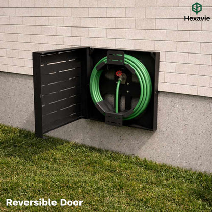Green garden hose coiled inside a black storage unit attached to a wall, with 'Hexavie' branding.