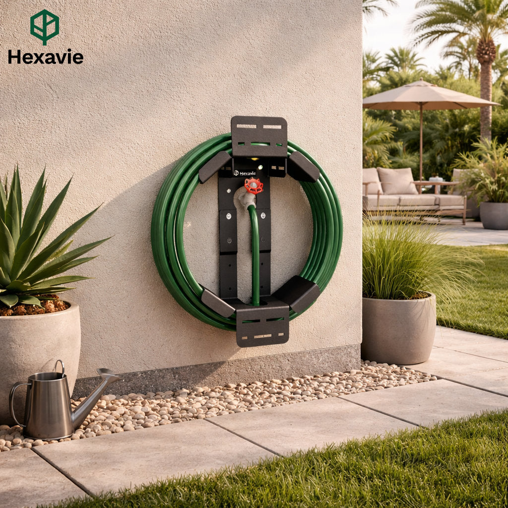 Hexavie garden hose reel mounted on a wall with outdoor setting