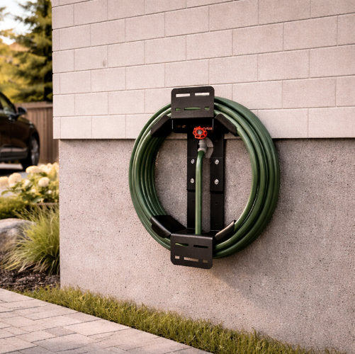 Garden hose on a wall-mounted holder against a concrete wall with a garden in the background.