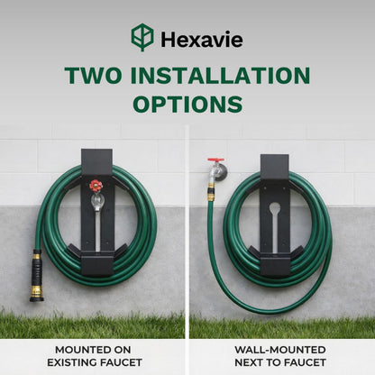 Hexavie hose holder with two installation options on a tiled wall background.