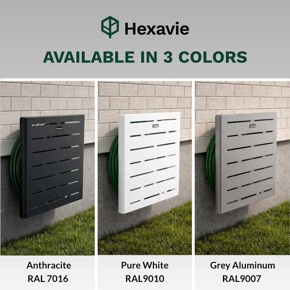 Hexavie outdoor hose storage unit in anthracite, pure white, and grey aluminum with color options displayed.