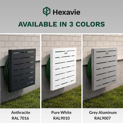 Hexavie outdoor hose storage unit in anthracite, pure white, and grey aluminum with color options displayed.