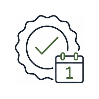 Icon of a checkmark inside a circular border with a calendar icon displaying the number 1 on a white background.