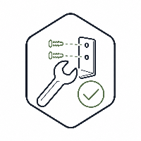 Icon of a wrench, screws, and a check mark inside a hexagonal border on a white background.
