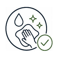 Icon of hands washing with a drop, stars, and check mark on a white background