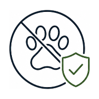 Icon with a paw print inside a circle, crossed out, with a green check mark on a white background.