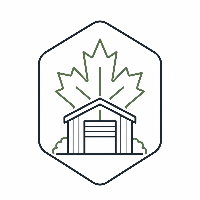 Icon of a cabin with a maple leaf in the background