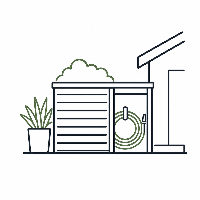 Illustration of a small wooden shed with a plant and hose on a white background