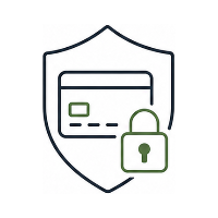 Icon of a shield with a credit card and lock, symbolizing security.