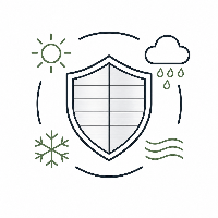 Shield icon with sun, cloud, snowflake, and wave symbols on a white background