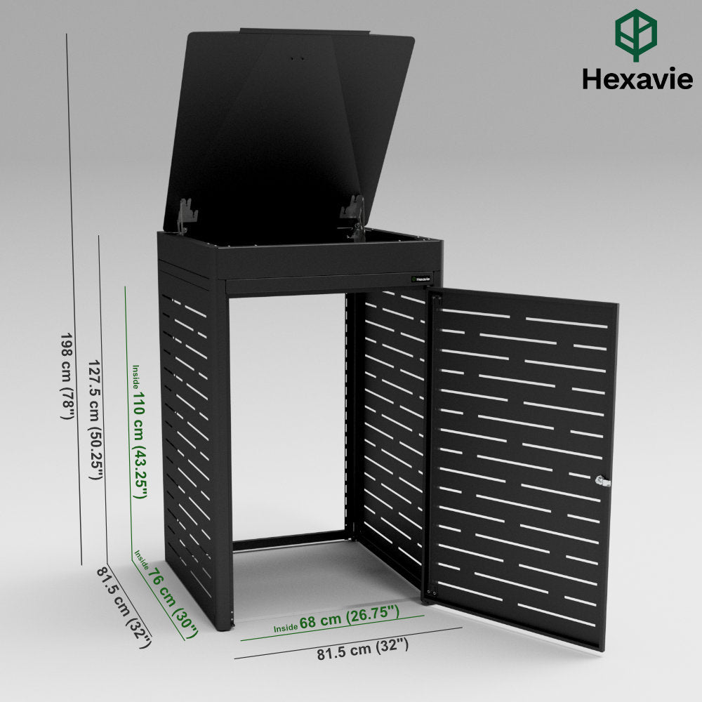 Black outdoor storage box with open lid and side panel, featuring dimensions on a gray background with Hexavie branding.